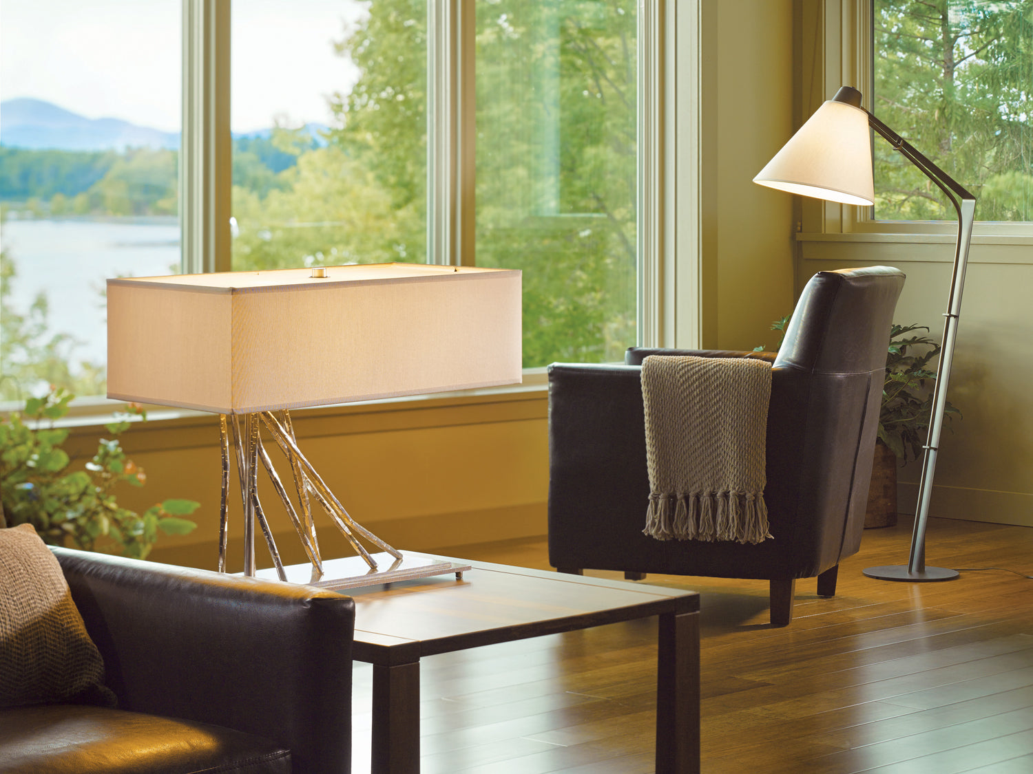 A contemporary table lamp showcased on a side table.