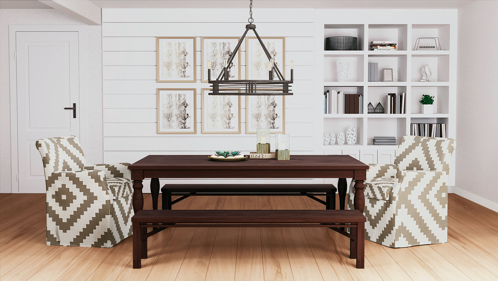 Modern farmhouse style dining room featuring a charming rustic chandelier.