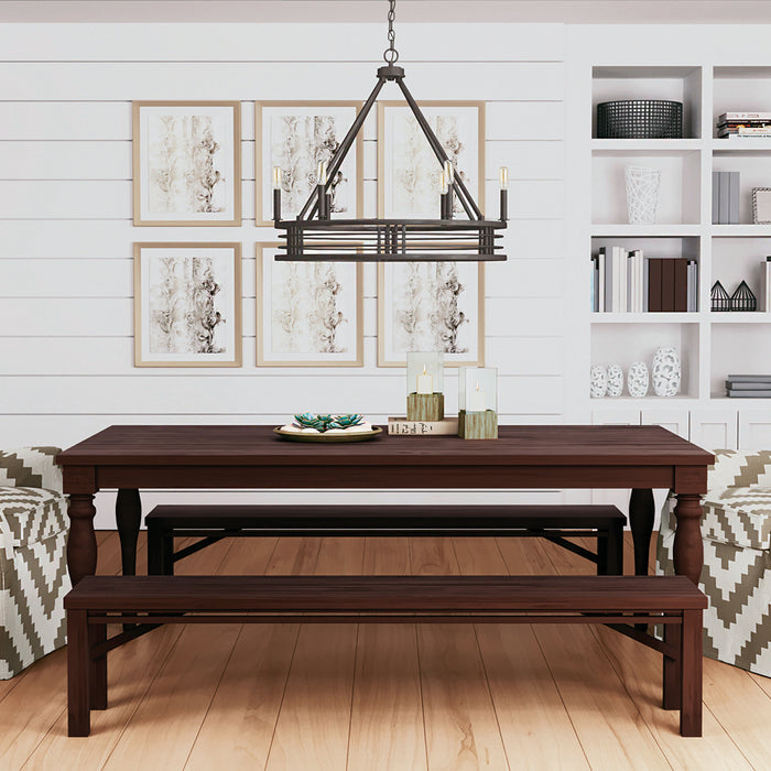 Modern farmhouse style dining room featuring a charming rustic chandelier.