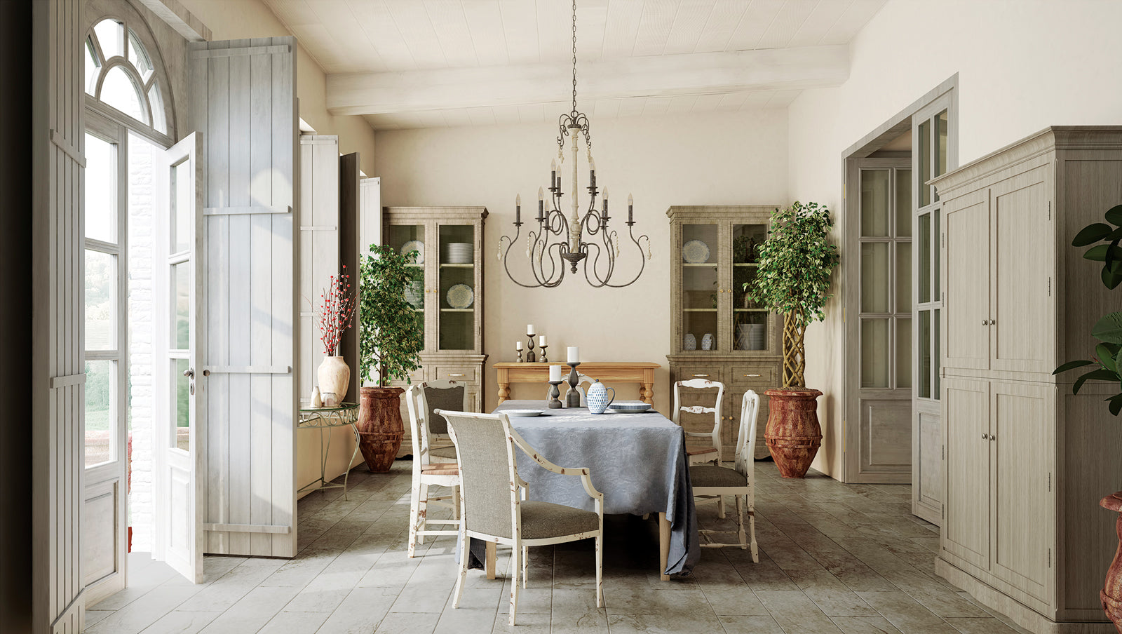 Traditional chandelier showcased in a French Countryside style dining room.