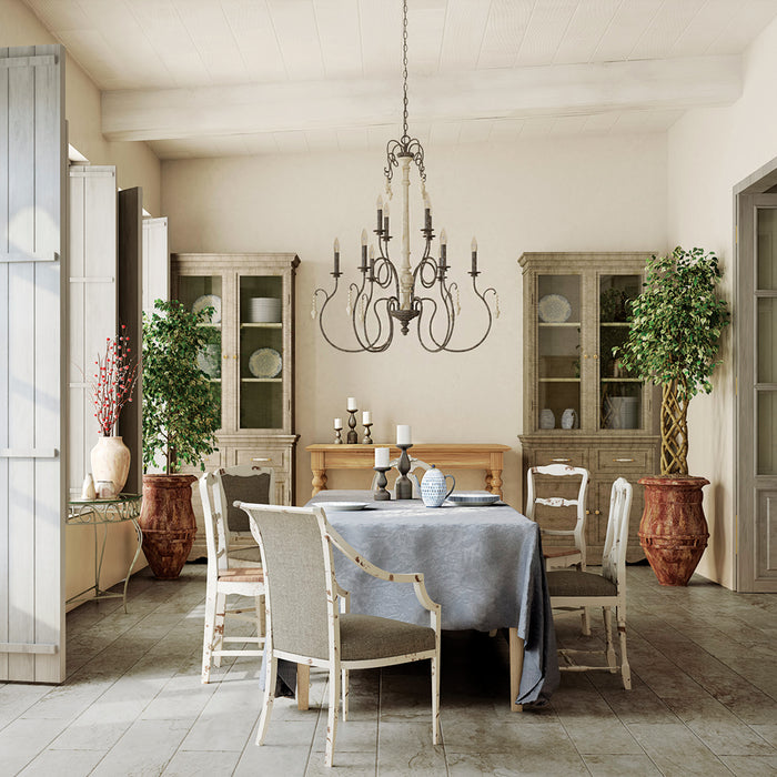 Traditional chandelier showcased in a French Countryside style dining room.