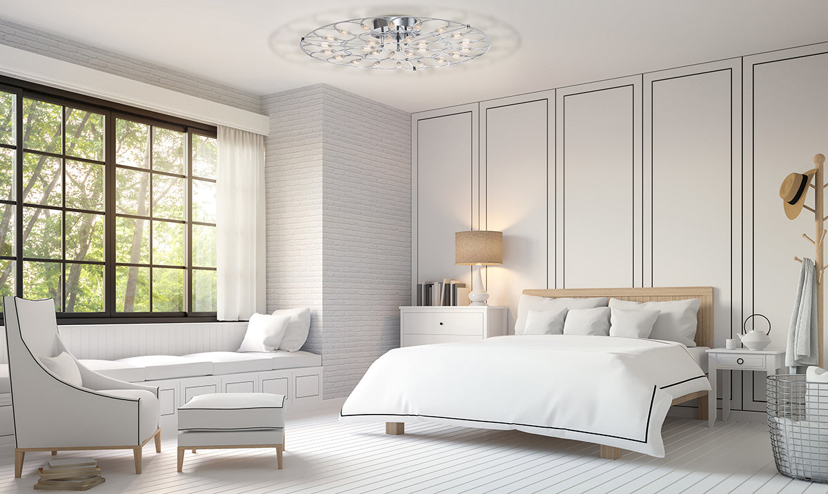 Contemporary semi-flush mounted ceiling light showcased in a transitional style bedroom.