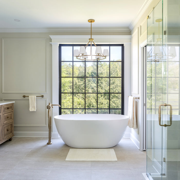 Transitional style bathroom lighting fixtures showcased in a modern bathroom.