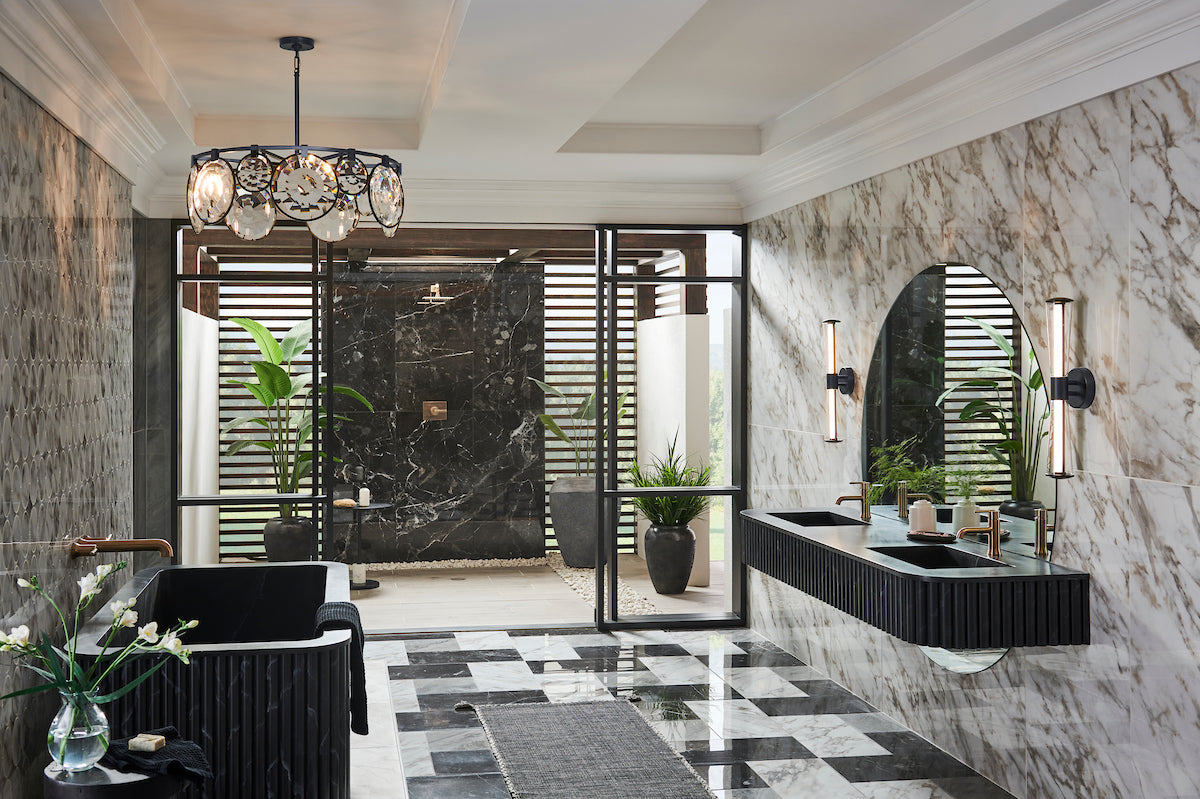 Mid-Century Modern Lighting showcased in a modern style bathroom.