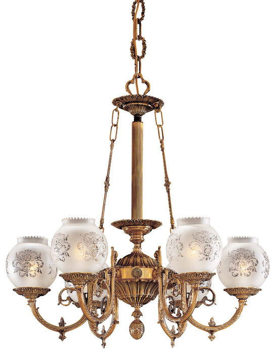 N801906- Metropolitan 6-Light Chandelier in Antique Classic Brass with Frosted Etched Glass by Metropolitan