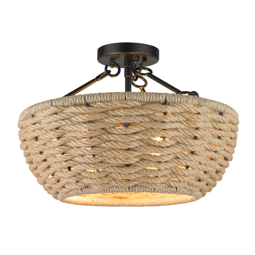 1073-SF BLK - Hathaway Semi-Flush in Matte Black with Woven Hemp Rope Shade by Golden Lighting