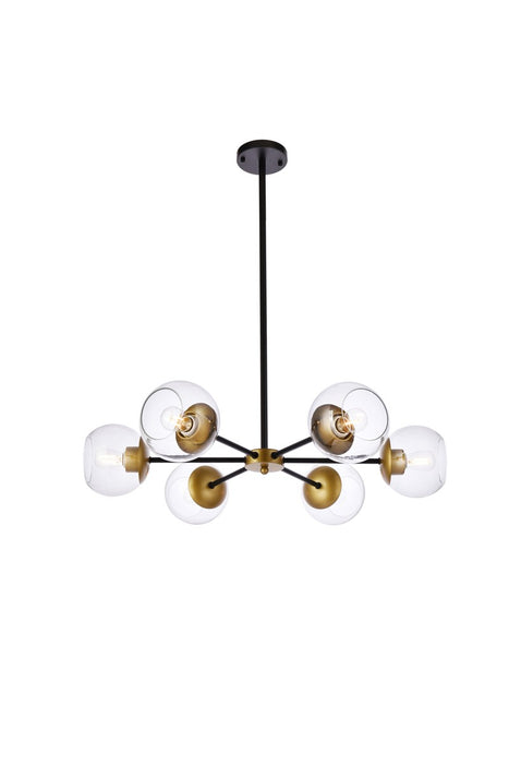 LD644D30BRK - Briggs 6-Light Pendant in Black & Brass & Clear by Elegant Lighting