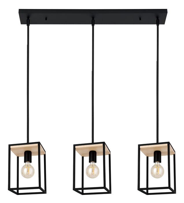 Libertad Three Light Linear Pendant in Structured Black & Natural Wood