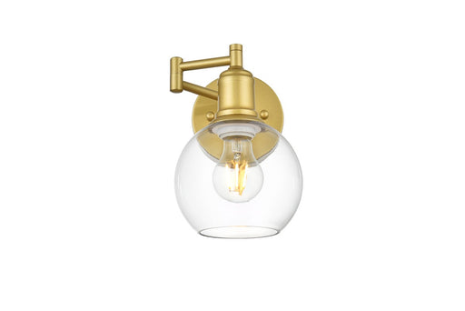 Davian One Light Swing Arm Wall Sconce in Brass & Clear