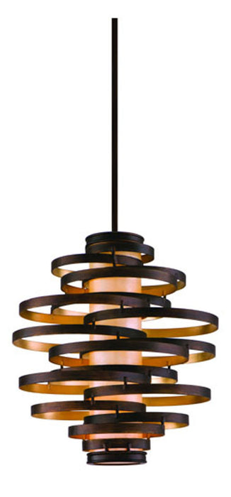 113-43- Vertigo 3-Light Pendant in Bronze & Gold Leaf with Caramel Ice Fibe Glass by Corbett Lighting