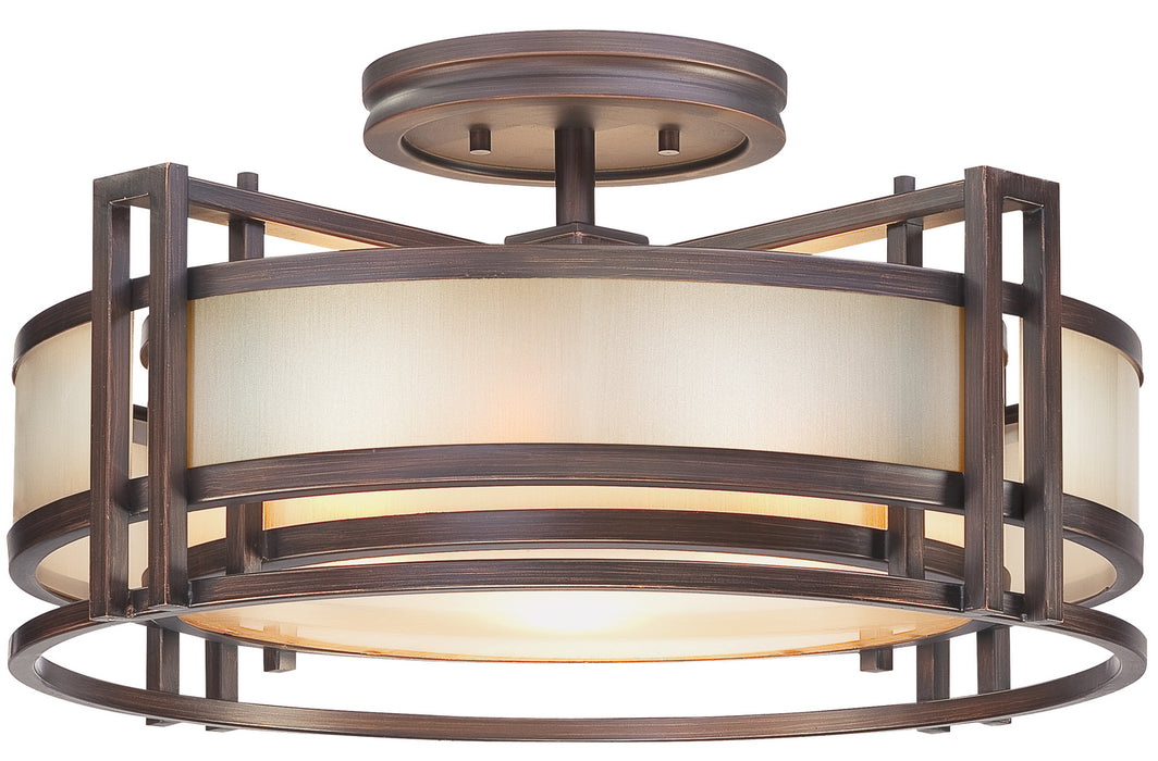 N6964-1-267B- Underscore 3-Light Semi-Flush in Cimmaron Bronze with Brushed Caramel Silk Glass by Metropolitan