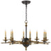 Leaf and Arrow Eight Light Chandelier in Bronze with Antique Brass