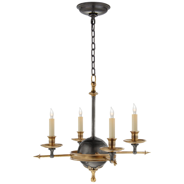 Leaf and Arrow Four Light Chandelier in Bronze with Antique Brass