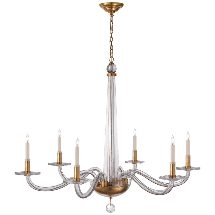 robinson2 Six Light Chandelier in Antique Brass and Clear Glass