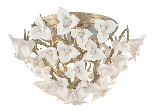 211-34- Lily 3-Light Flush Mount in Enchanted Silver Leaf with Flowers Porcelain by Corbett Lighting