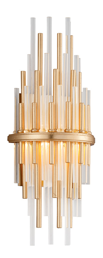 238-11- Theory 1-Light Wall Sconce in Gold Leaf & Polished Stainless with Clear Glass Rod by Corbett Lighting