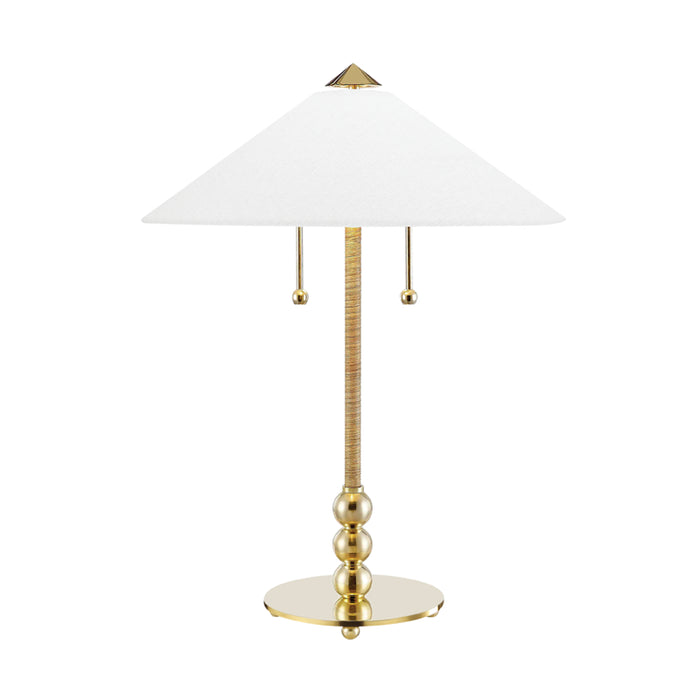 Flare 2 Light Table Lamp in Aged Brass with White Belgian Linen Shade