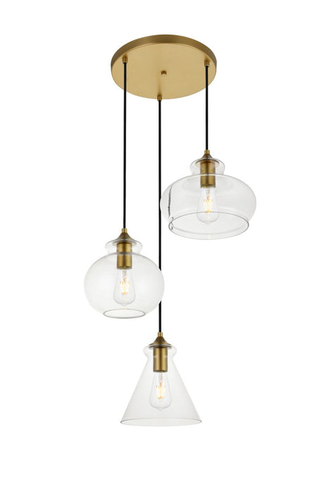 Destry 3-Light Pendant in Brass & Clear