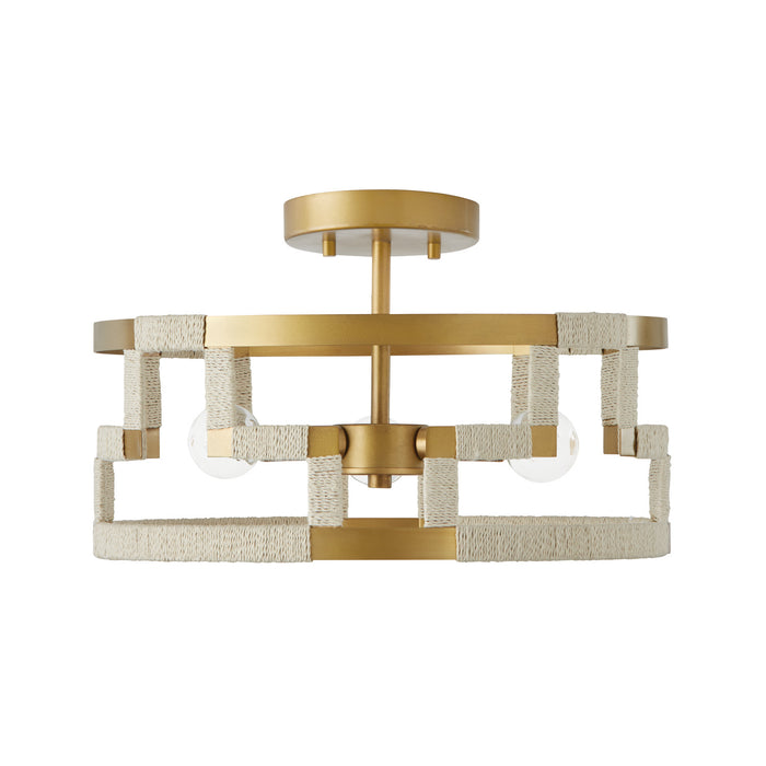 Hala Three Light Semi-Flush Mount in Bleached Natural Jute and Patinaed Brass