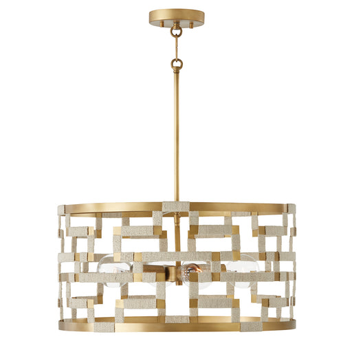 Hala Four Light Pendant in Bleached Natural Jute and Patinaed Brass