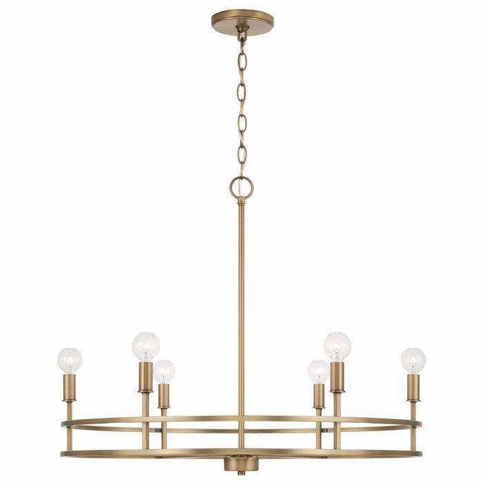 Fuller Six Light Chandelier in Aged Brass