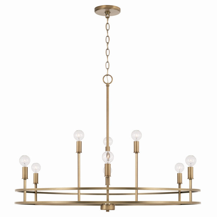 Fuller Nine Light Chandelier in Aged Brass