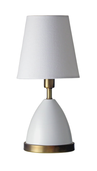 Geo 12 Inch Parabola Mini Accent Lamp in White with Weathered Brass accents with Linen Hardback